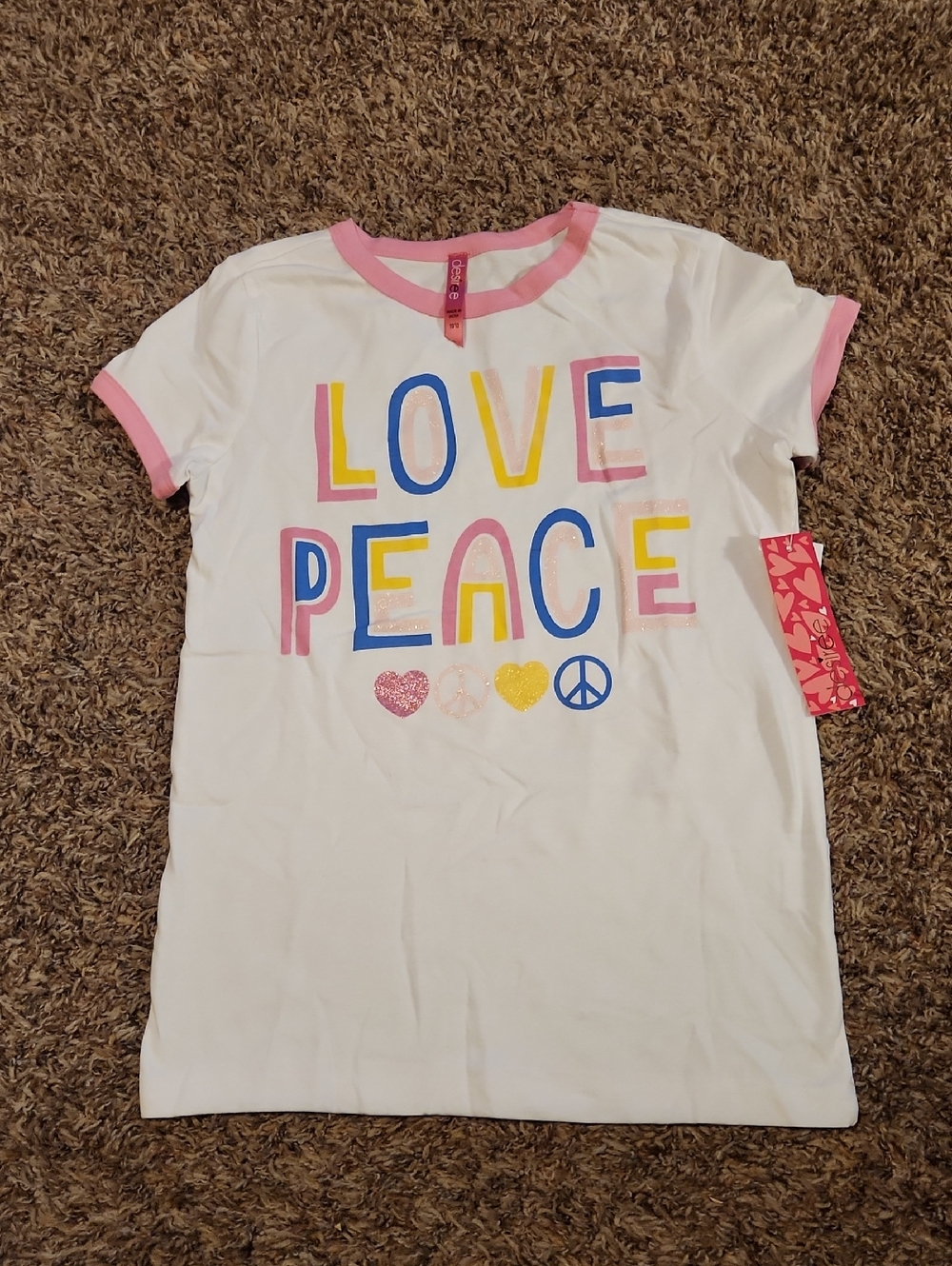Girls' White 'Love Peace' Graphic Tee with Pink Trim